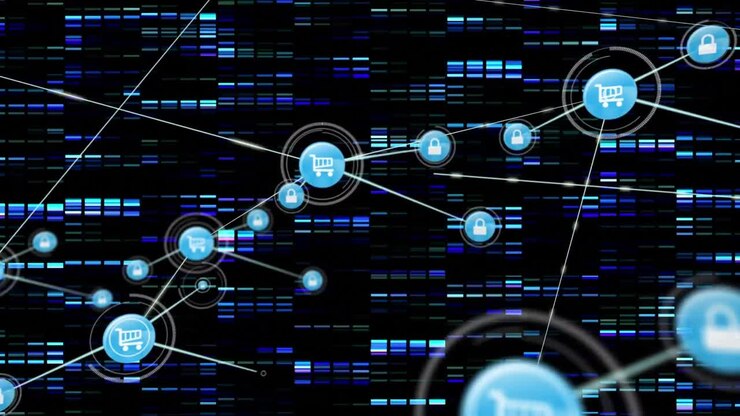 Animation of network of digital icons and blue mosaic sqaures against black background