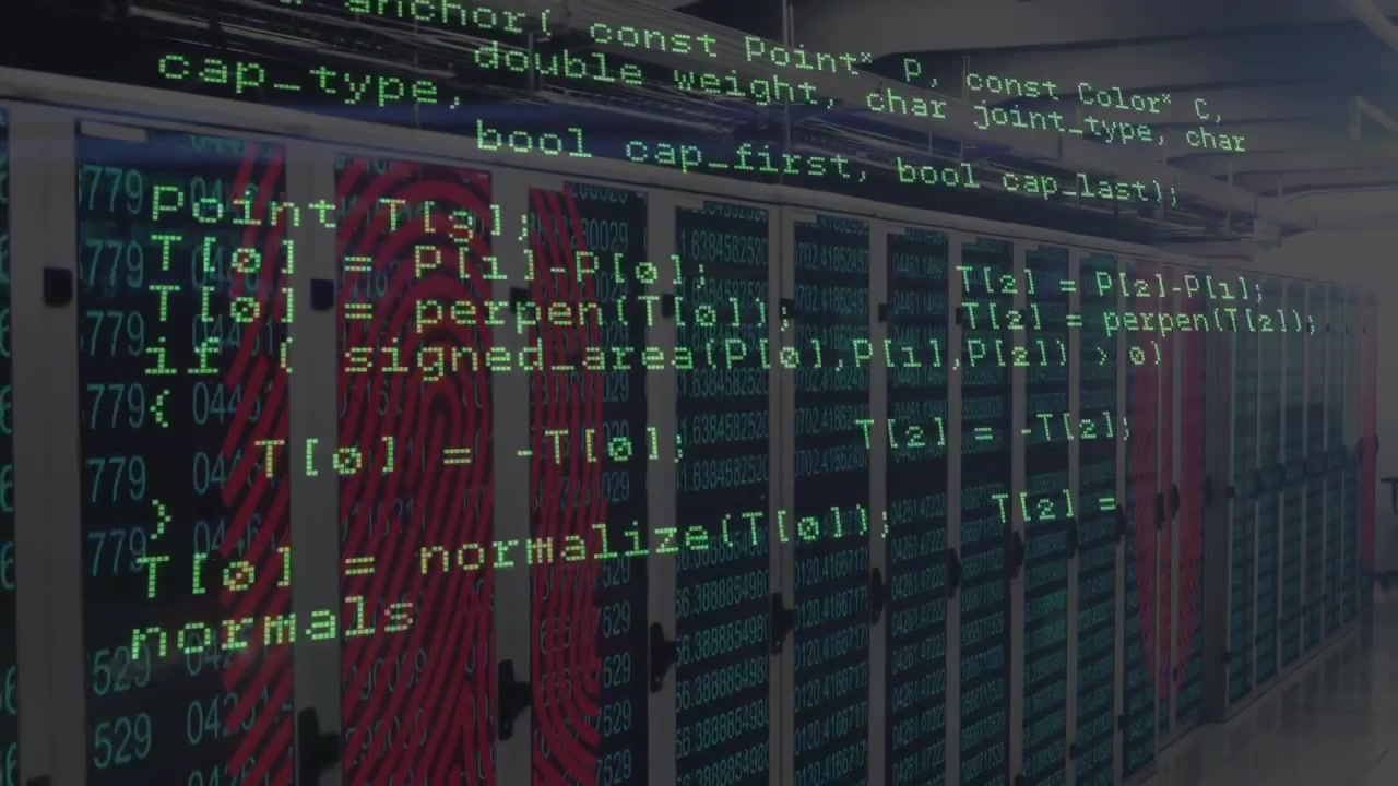 Vertically scrolling green C code starting InternetReadFile over red fingerprint server racks