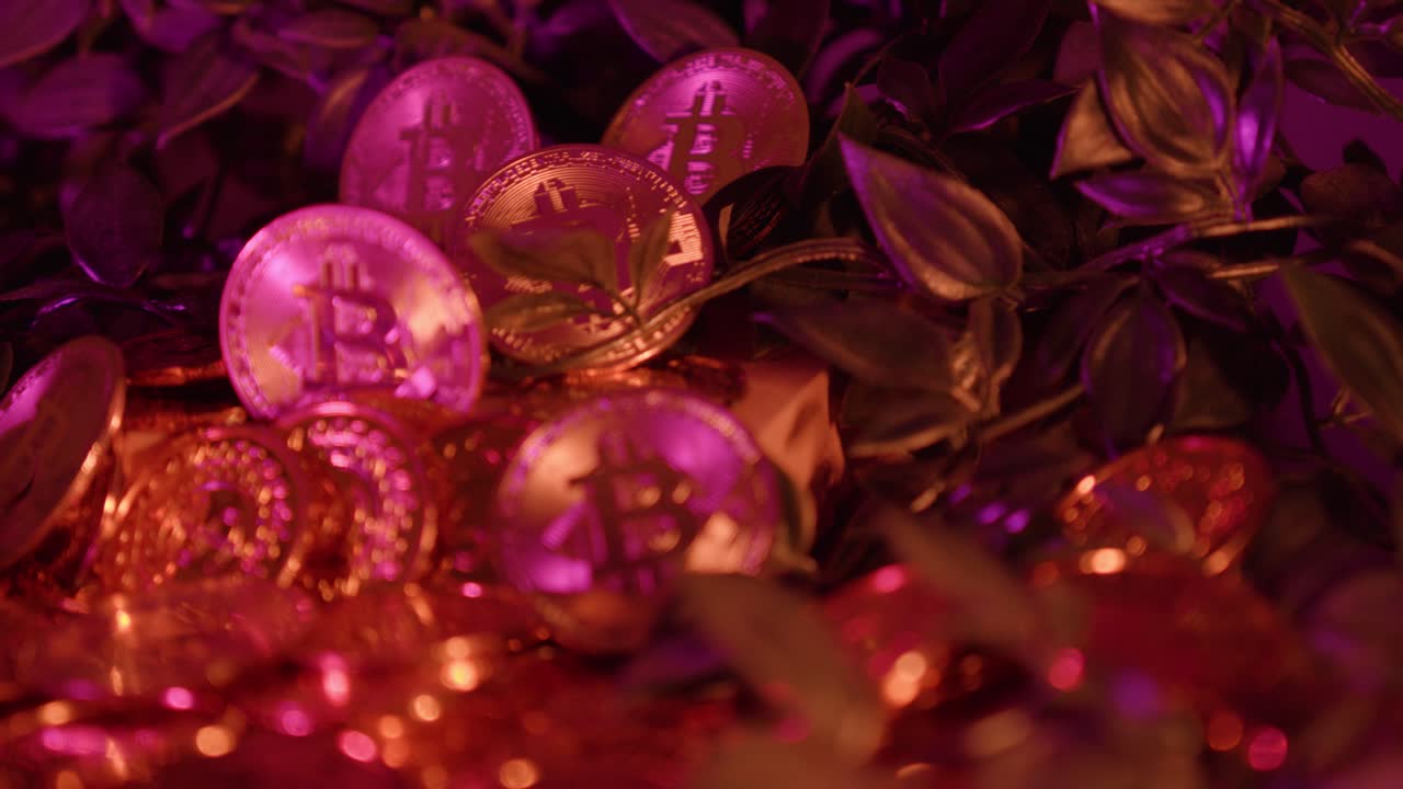 close-up shot of golden bitcoin coins on display under lighting
