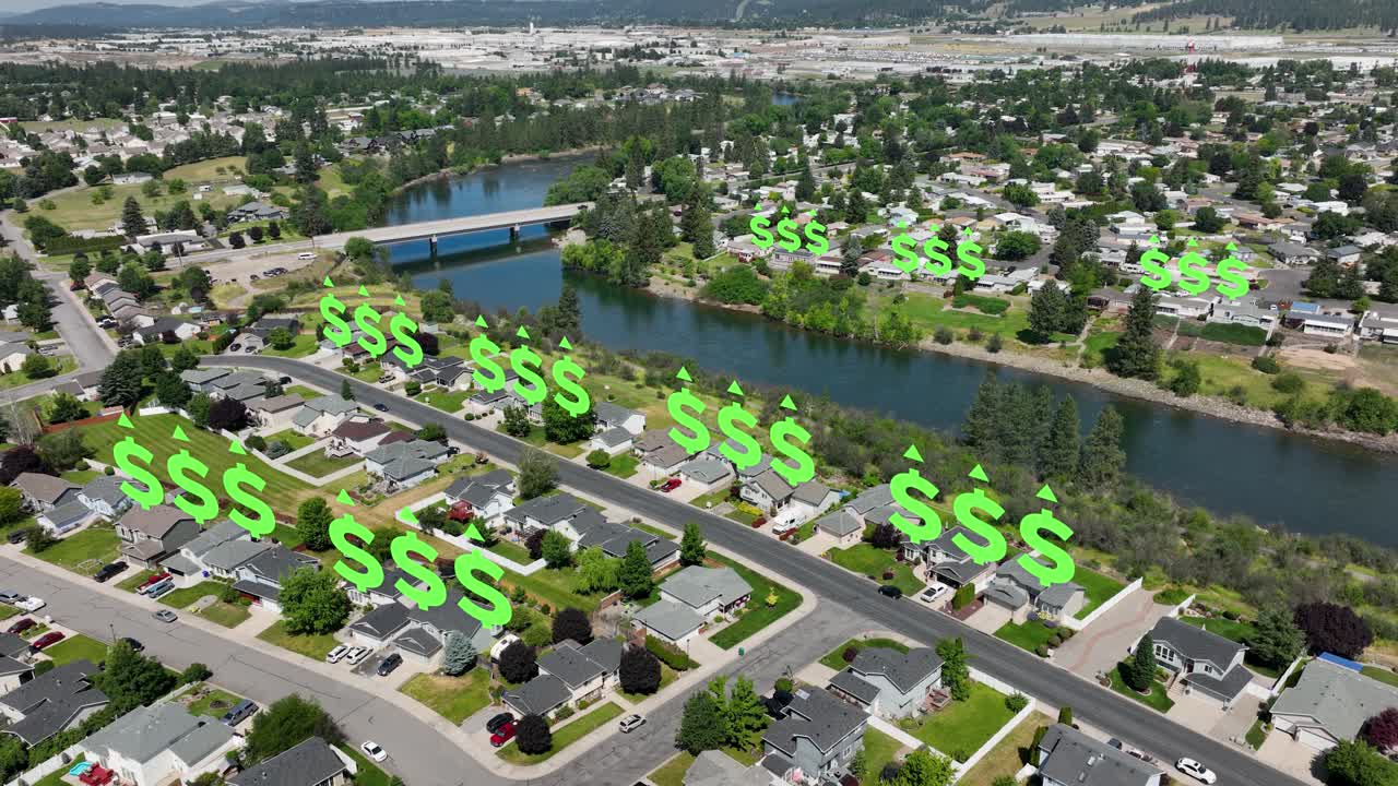 Aerial view of Spokane, Washington's suburban neighborhoods with dollar signs appearing over houses to represent the rising market rates