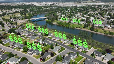 aerial view of spokane, washington's suburban neighborhoods with dollar signs appearing over houses to represent the rising market rates