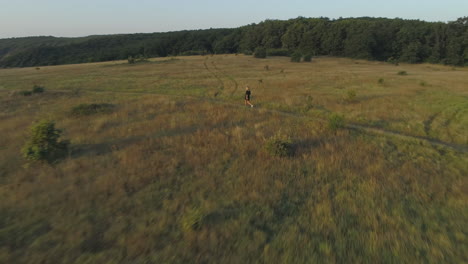 drone shot of girl walking with a shovel on her shoulders in a meadow