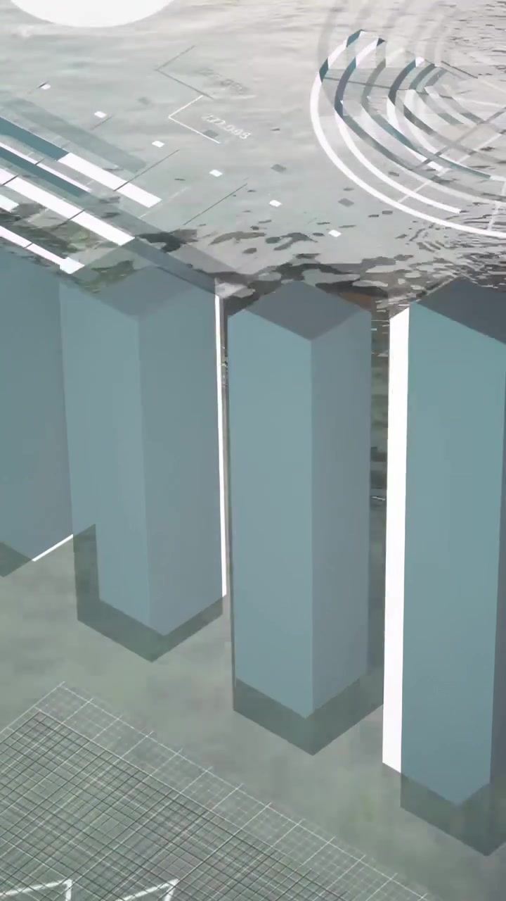 Video verticale: Sovrapposizione di dati 3D che appare sopra acqua bassa, con barre che si alzano e scorrono per mostrare le tendenze.