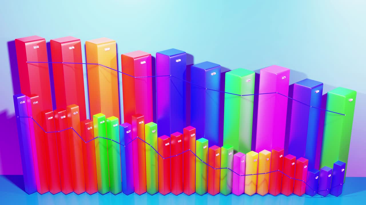 infografías en bucle abstractos de fondo con barras 3d multicolores en azul, por ejemplo. gráfico de degradación de columnas. fondo económico con espacio de copia en 4k. barras 3d como gráfico de datos estadísticos.