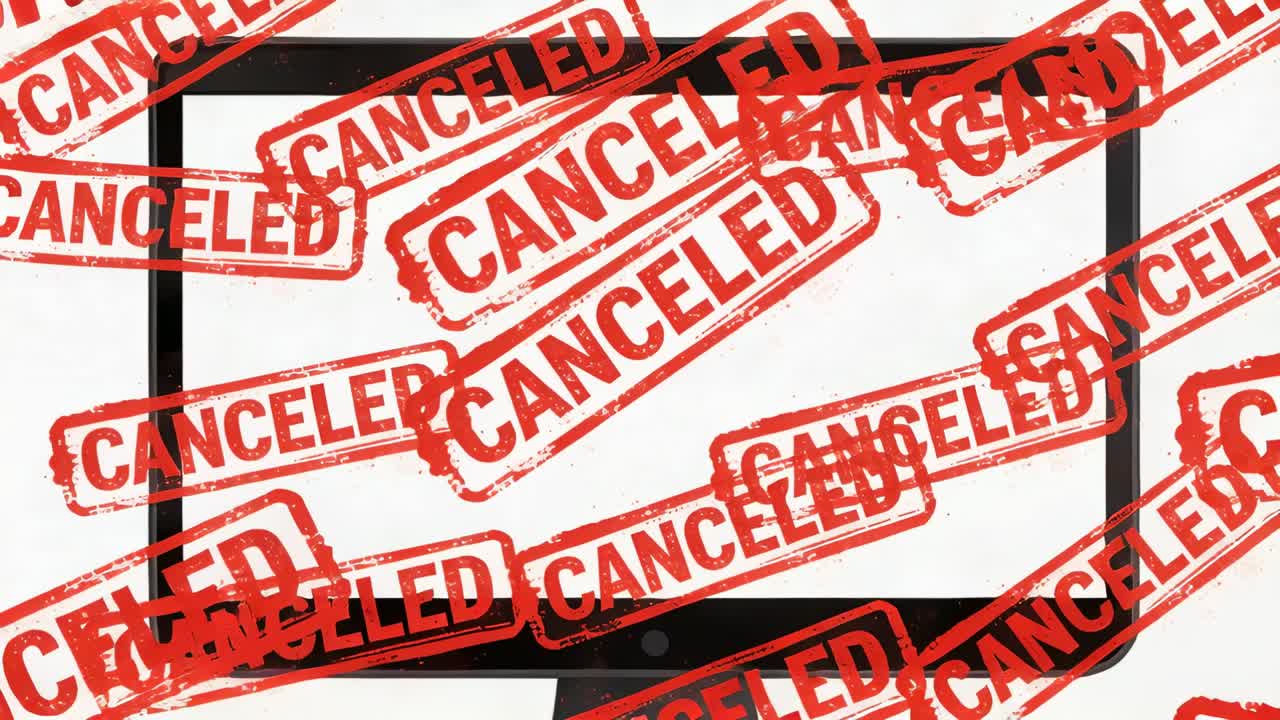 Progressing frames showing red CANCELED stamps obscuring black monitor, culminating radial burst