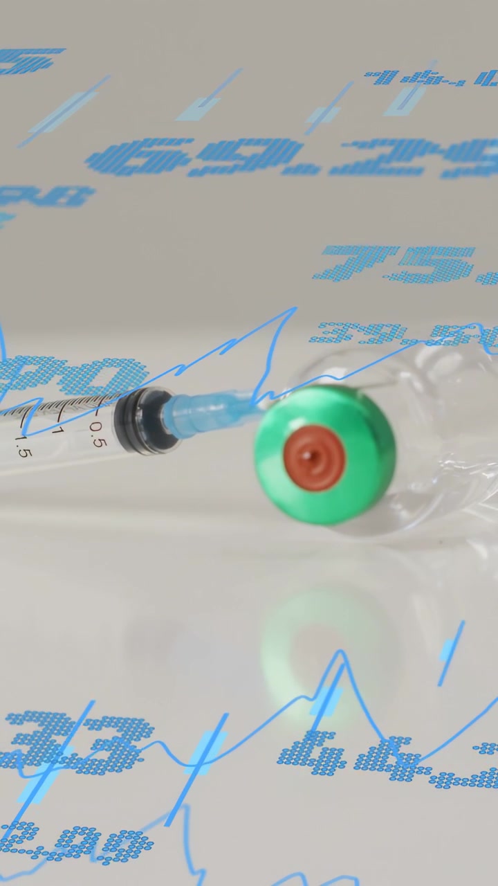 Vertical video: Syringe vial shifting right after cam nudge while blue graphs sweeping to show data