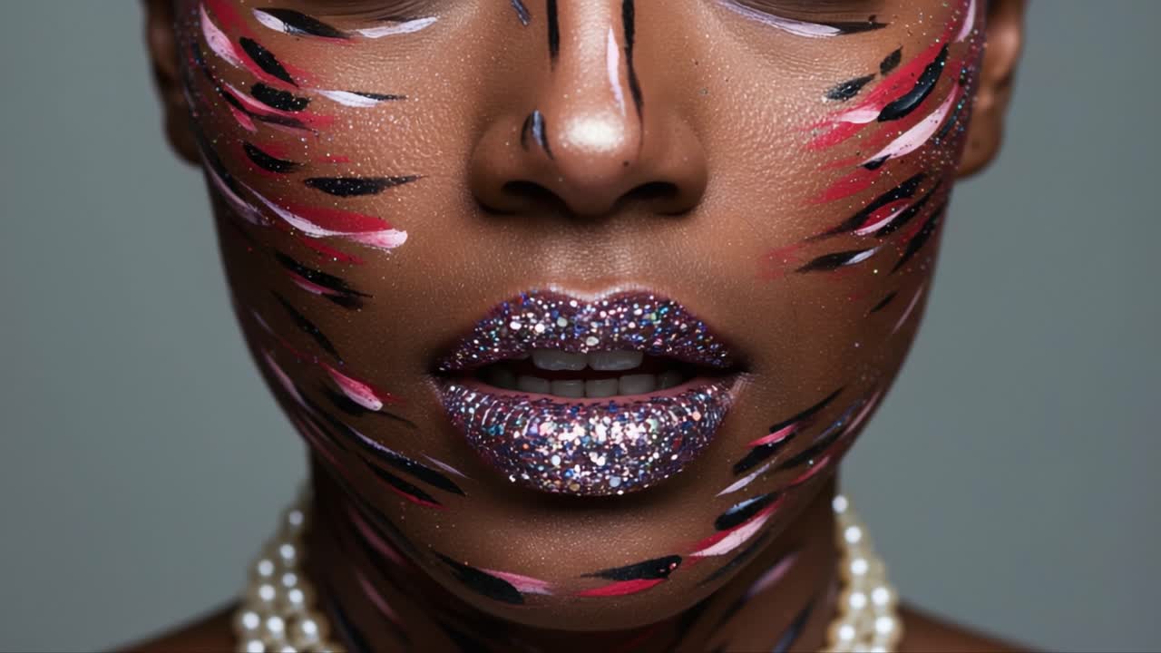 A Stunning Close-Up of a Model Showcasing Artistic Body Paint with Glittery Lipstick, Highlighting Unique Patterns and Facial Expression in a Captivating Portrait