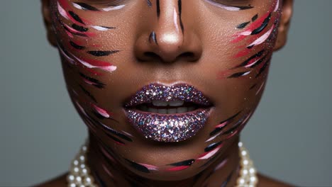 a stunning close-up of a model showcasing artistic body paint with glittery lipstick, highlighting unique patterns and facial expression in a captivating portrait