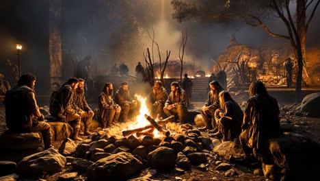 campfire gathering among friends in a forest at night