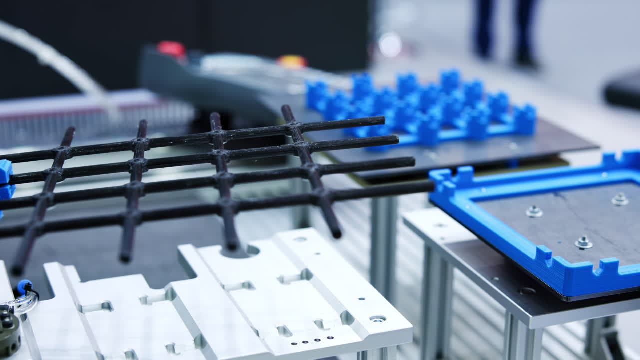 Robotic arm manipulating advanced components in an industrial manufacturing environment