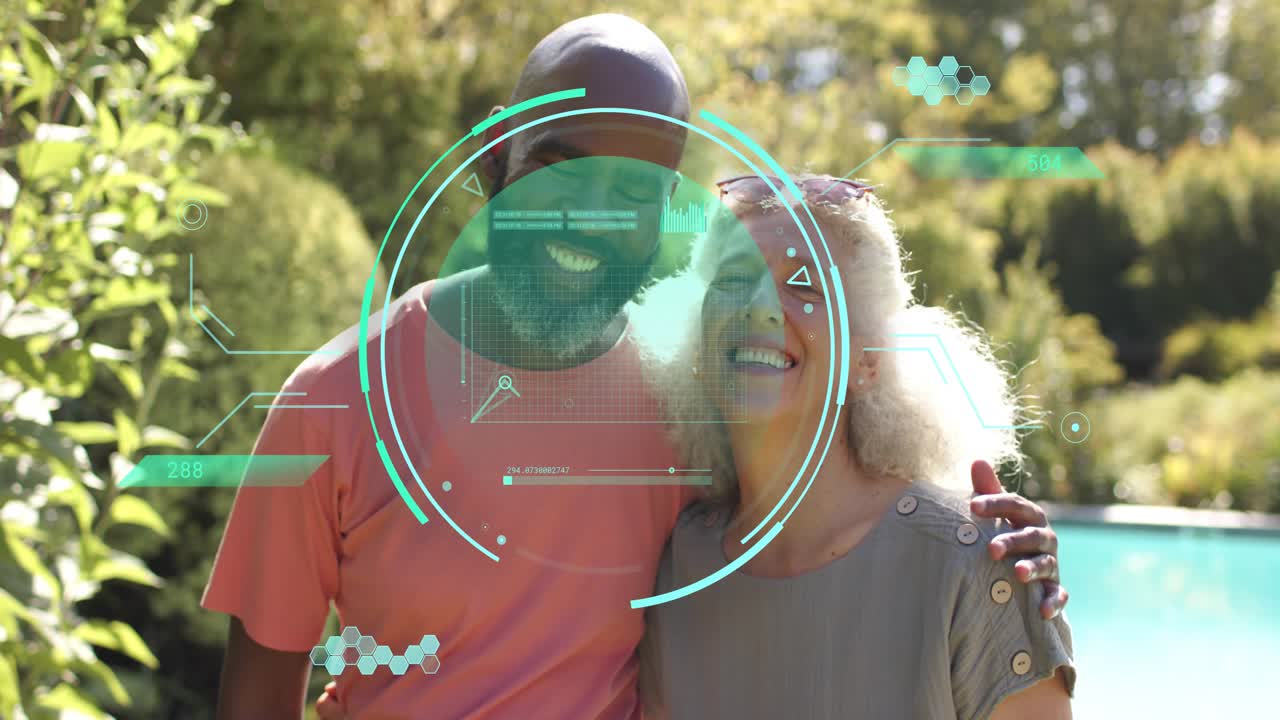 Mature couple closing distance at poolside, initiating teal AR HUD pulsing over faces, showing tech