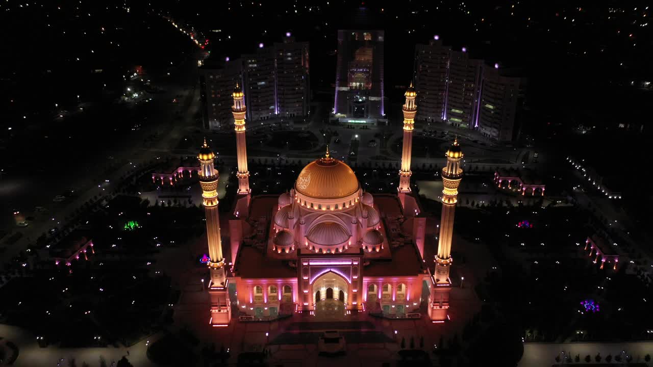 Mosque Pride of Muslims named after the prophet Muhammad in the city of Shali. The largest mosque in Europe. Aerial view