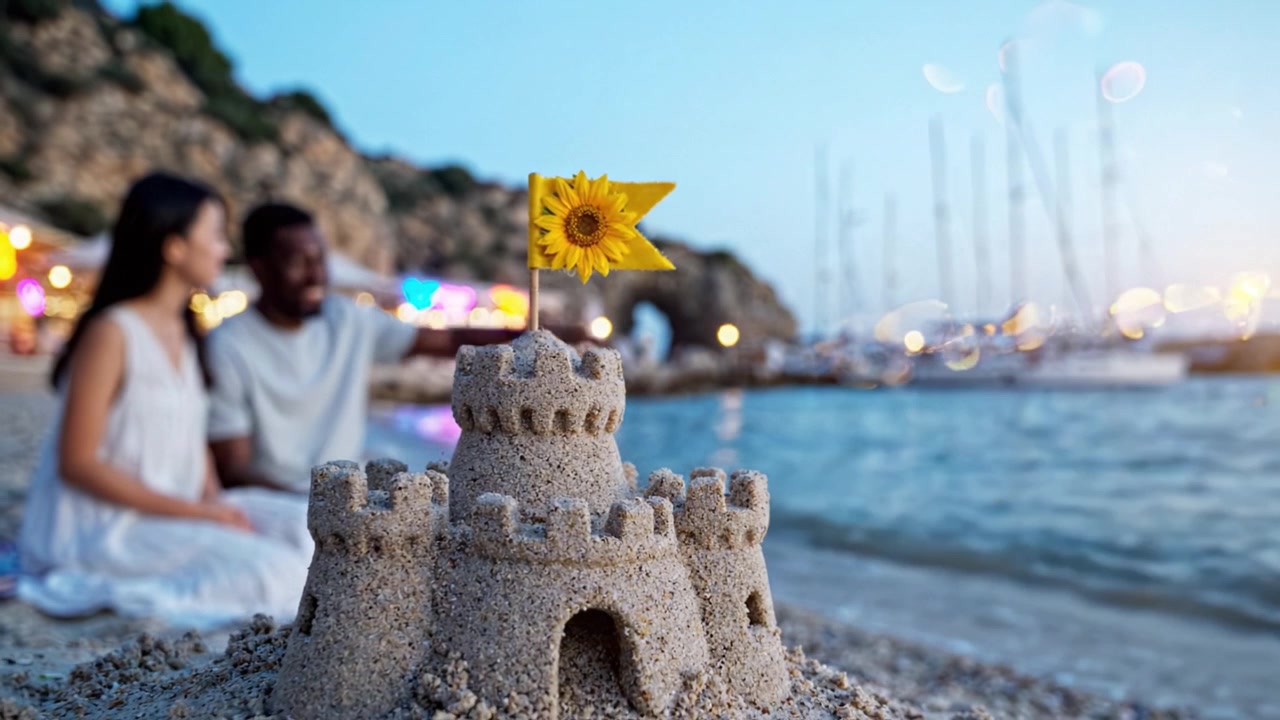 Um Castelo de Areia Lindamente Construído com uma Bandeira de Girassol na Praia ao Anoitecer, Enquanto um Casal Desfruta de um Momento Romântico à Beira-Mar com Barcos ao Fundo