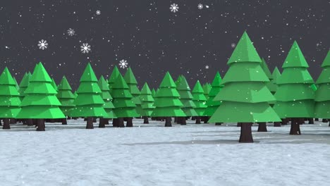 Animation-of-snow-falling-over-green-trees-in-forest