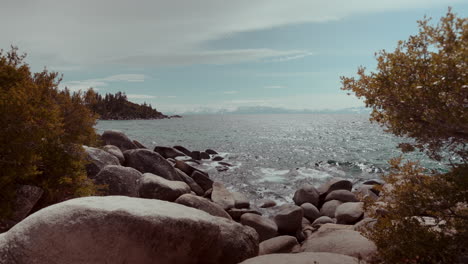 beautiful lake scene with rocks and mountains