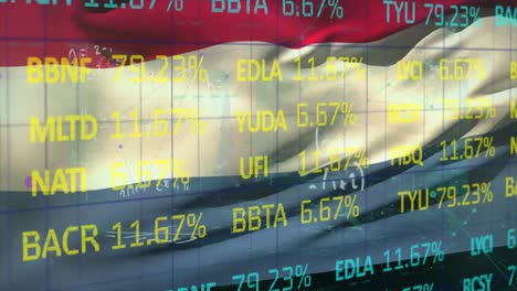 Animation-of-stock-market-data-processing,-mathematical-equations-over-waving-netherlands-flag