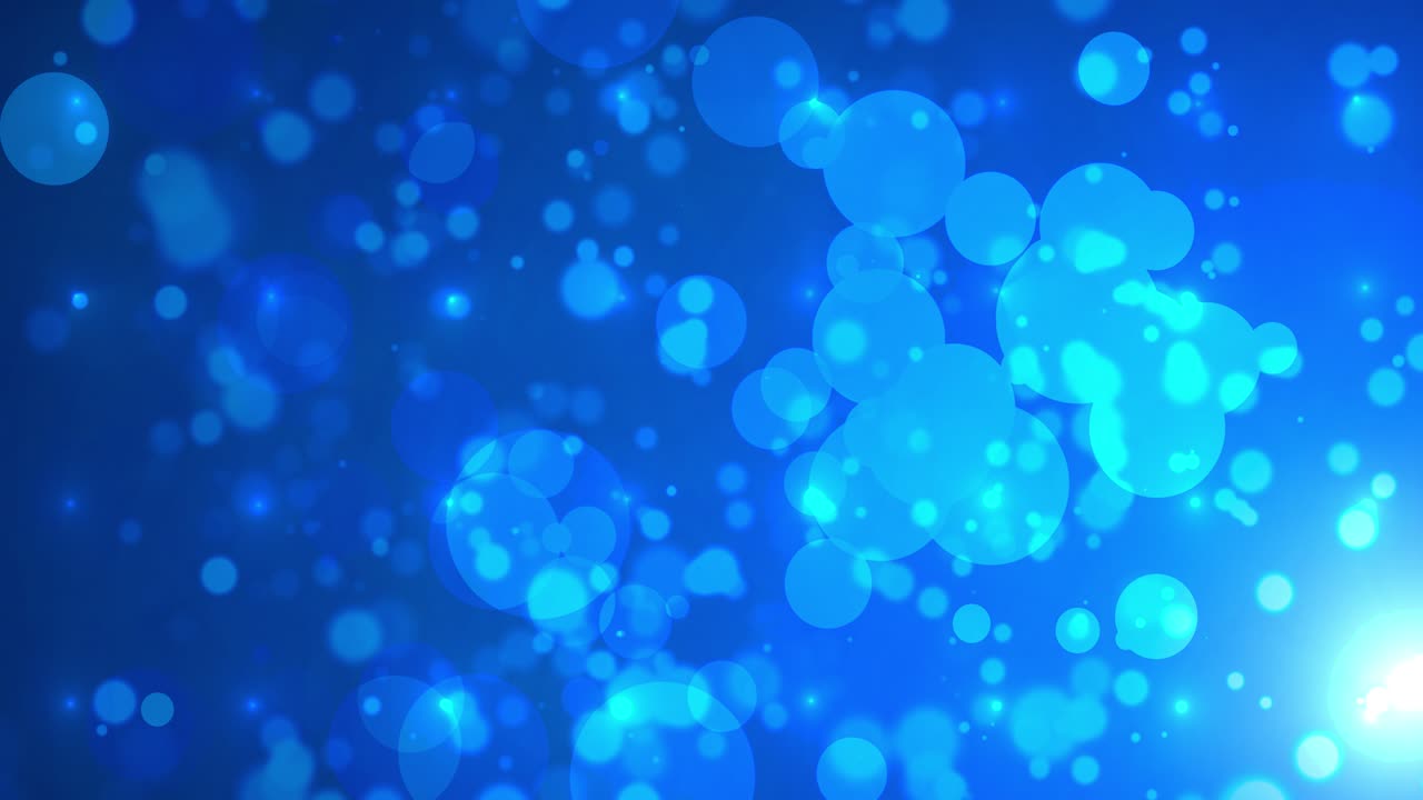 추상적인 모션 배경: 반이는 보케 입자, 푸른 배경 위의 공간에서 미래의 반이는 불빛, 느린 동작에서 불꽃과 함께 반이는 떠다니는 먼지 입자, 4k 비디오 모션 그래픽