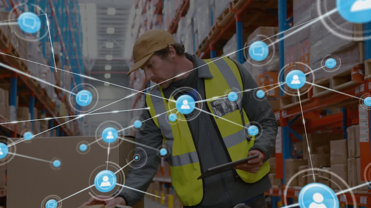 animación de una red de iconos sobre un trabajador caucásico usando una tableta digital y comprobando el stock.