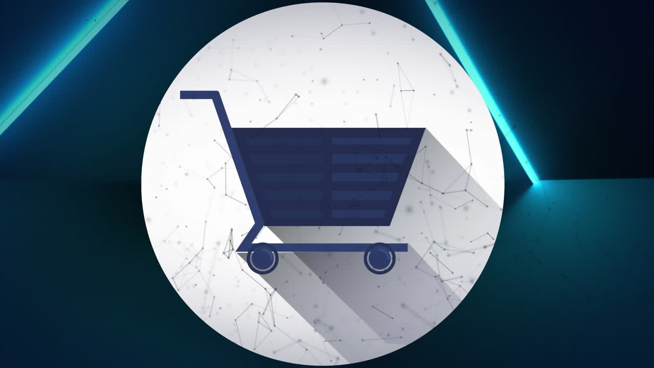 animación del código qr parpadeante y el icono del carrito de compras en línea con senderos de luz brillante azul