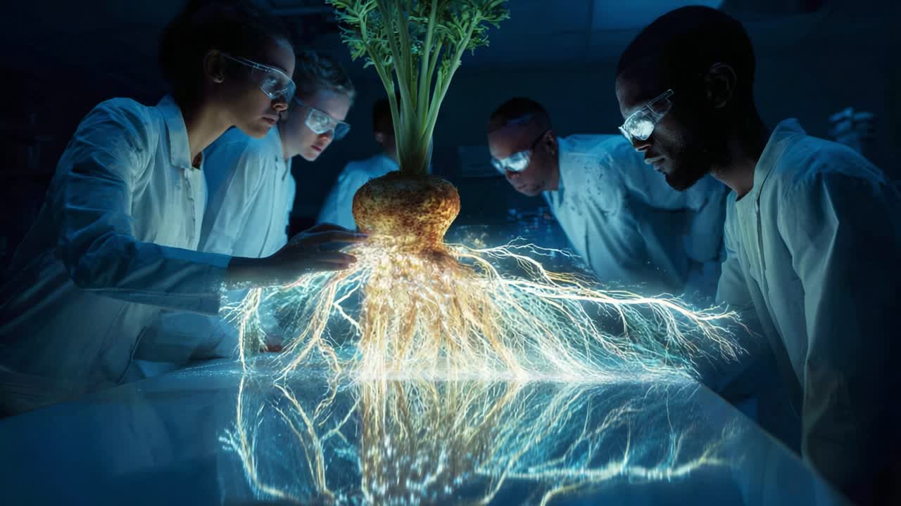 A team of scientists conducting groundbreaking research examines a glowing root vegetable as they explore its transformative energy in a high-tech laboratory environment