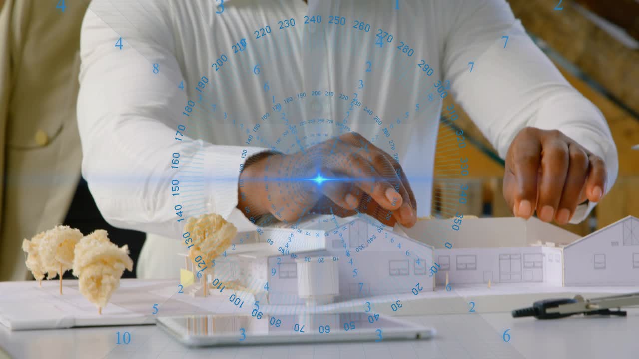 Architect touching scale model, moving modules and trees, activating HUD, refining layout