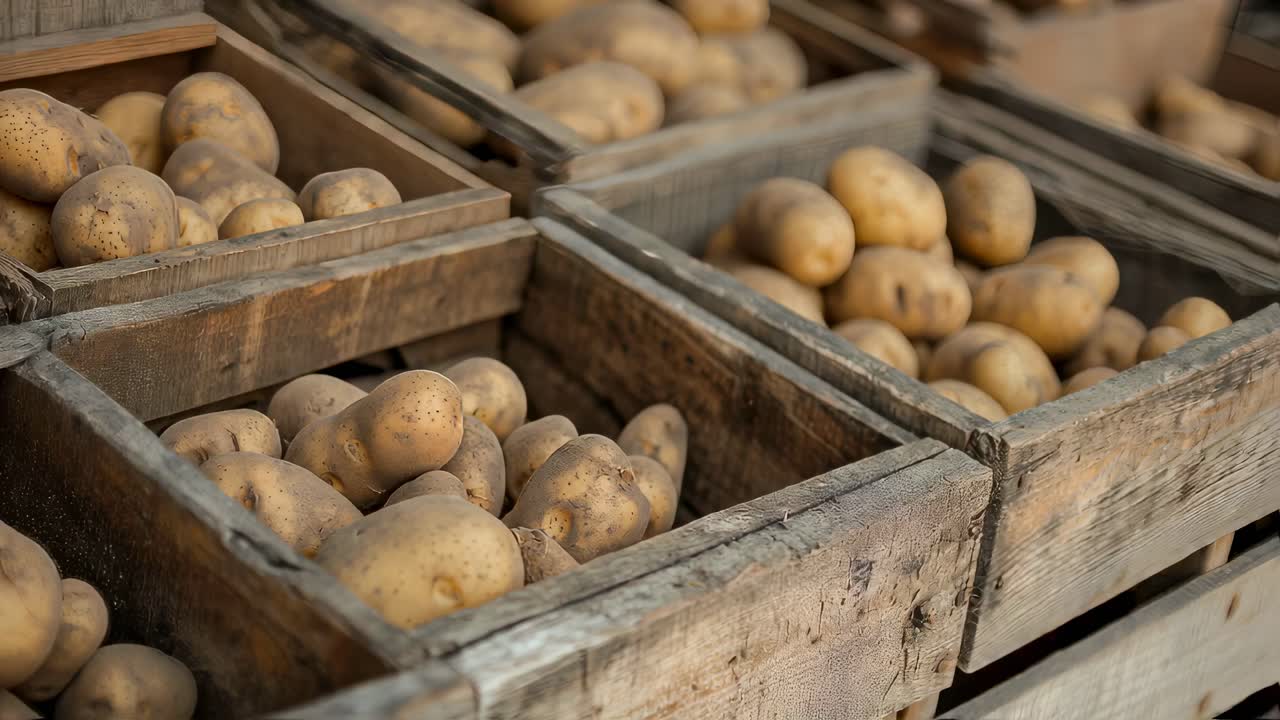 Fresh potatoes are neatly arranged in rustic wooden crates, ready for sale at a vibrant marketplace, showcasing the abundance of the harvest