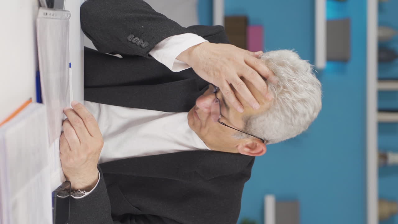 홈 오피스 직원의 수직 비디오 사람이 파산하고, 손실을 입습니다.