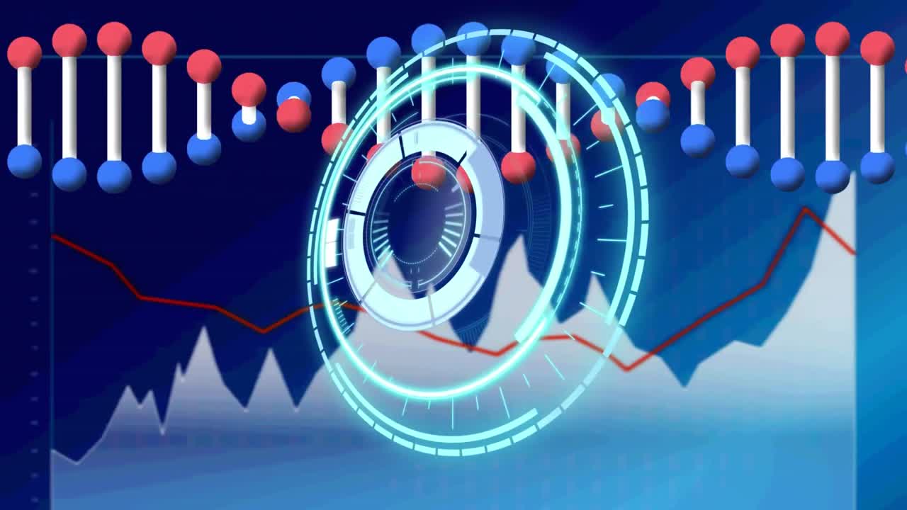 스크린에서 dna 스트랜드 스캔, 스 ⁇  스캔 및 데이터 처리의 애니메이션