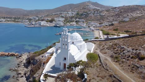 view of the agia irini, saint irene, greek orthodox church, chora, ios island, greece