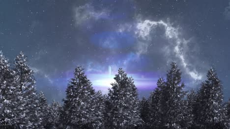 animación de estrella fugaz brillante azul y nubes que se mueven sobre el paisaje de invierno en el cielo nocturno