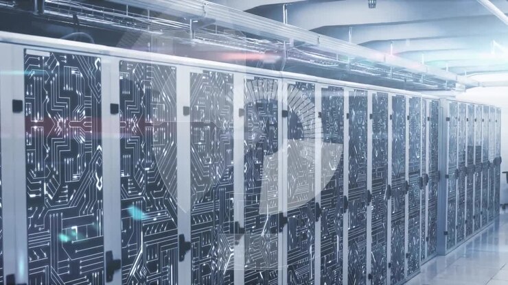 Animation of scope scanning and data processing over tech room with computer servers