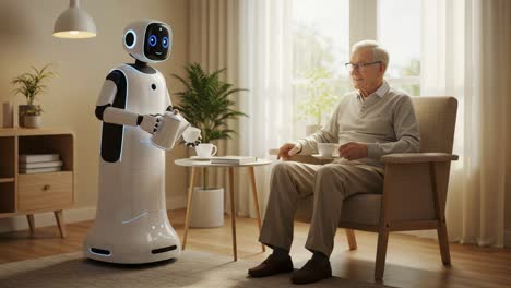 a friendly robot serves tea to an elderly man, showcasing the integration of technology in daily life and companionship for seniors in a cozy living space