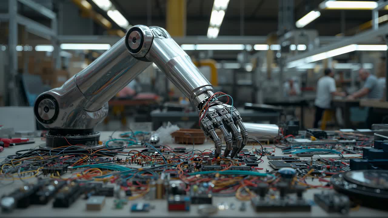 Receiving command robotic arm lowering hand probing PCBs at bench steadying wires for connector fit