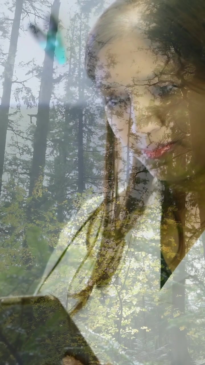 Vertikal video: Kvinde kigger, trykker på skærmen, rører ved hagen og studerer teknologi med skov-overlay.
