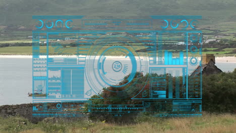 futuristic data interface animation over scenic landscape with hills and fields