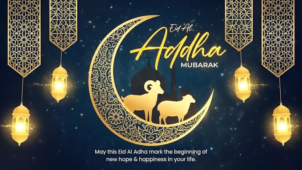 Auguri animati per Eid Al Adha con un ragazzo che alza le mani accanto a una pecora sotto lanterne e un cielo notturno con luna crescente.