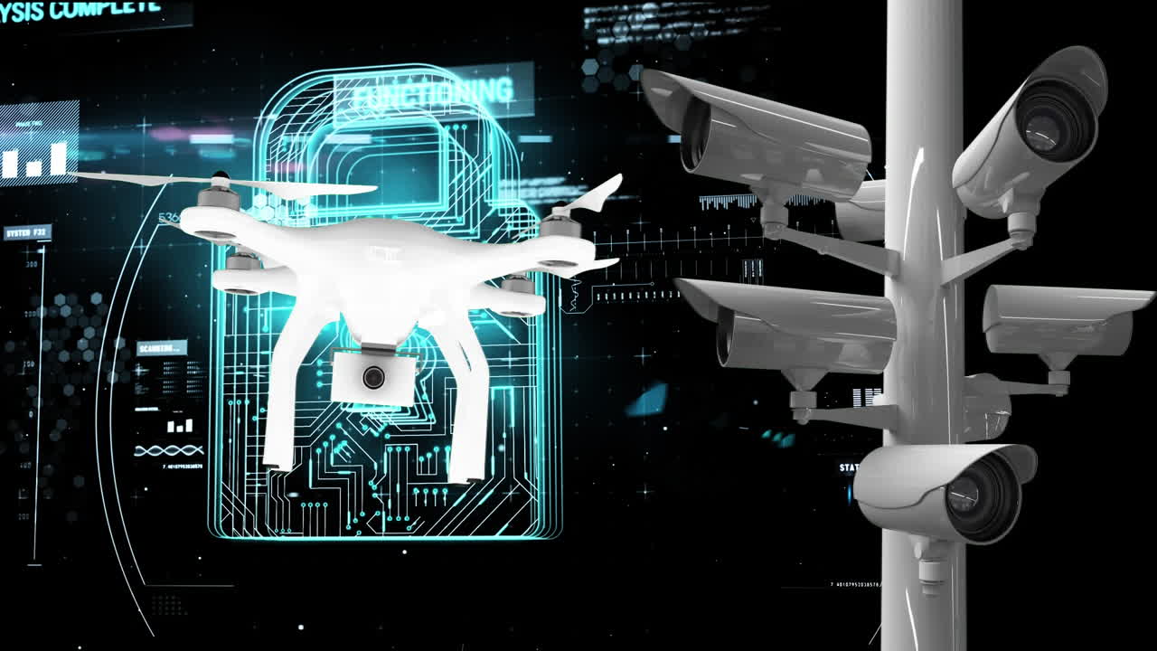 Animation of  online security padlock and cameras recording on black background.