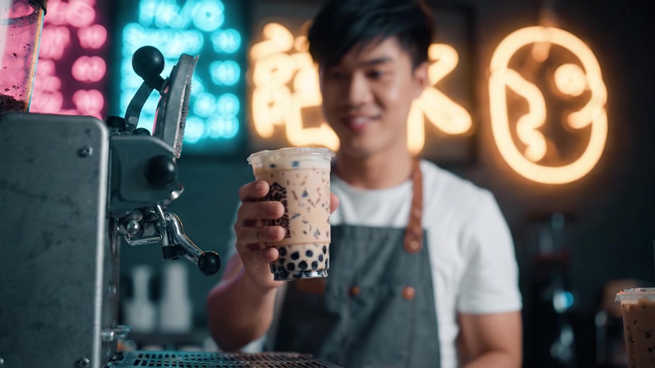 Seorang Barista Terampil Menyiapkan dan Menyajikan Teh Boba yang Menyegarkan dengan Sempurna di Lingkungan Kafe Modern dengan Lampu Neon Cerah di Latar Belakang