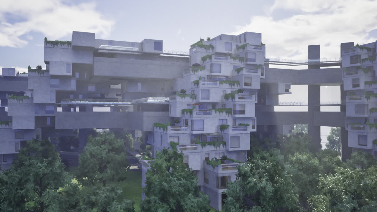 Arquitetura moderna com espaços verdes em meio a estruturas de concreto