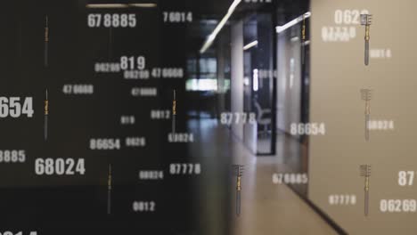 Animation-of-changing-numbers-and-toothbrushes,-rear-view-of-man-walking-in-corridor-of-office