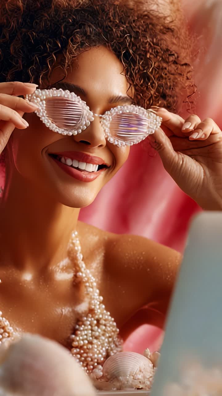 Persona alla moda che indossa un paio di occhiali da sole unici decorati con perle, con un sorriso sicuro in un ambiente rilassante e colorato, ricco di elementi nautici