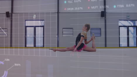 animation of financial data processing over caucasian female gymnast