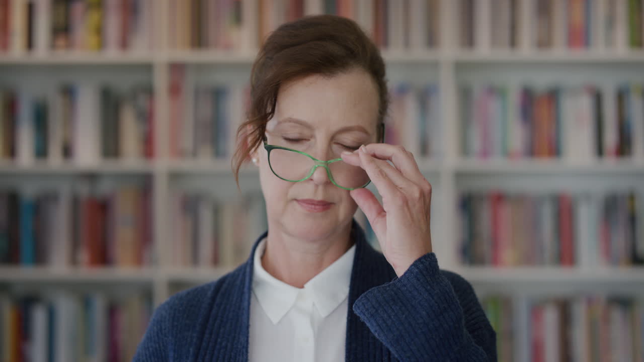 retrato mujer de negocios sénior se quita las gafas buscando serio mujer de mediana edad bibliotecaria en estantería fondo cámara lenta