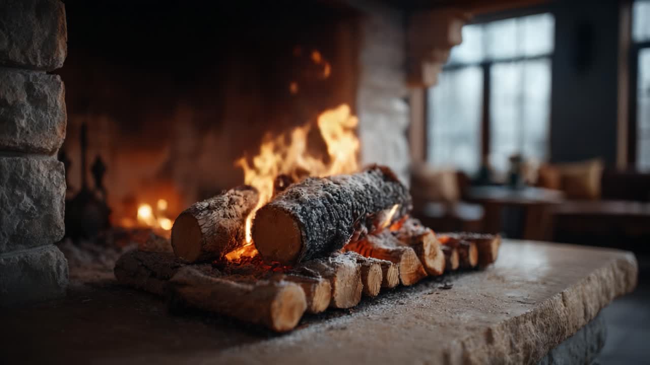 Cozy Fireplace with Burning Logs Creating a Warm Atmosphere in a Rustic Setting, Inviting Comfort and Relaxation During Chilly Evenings