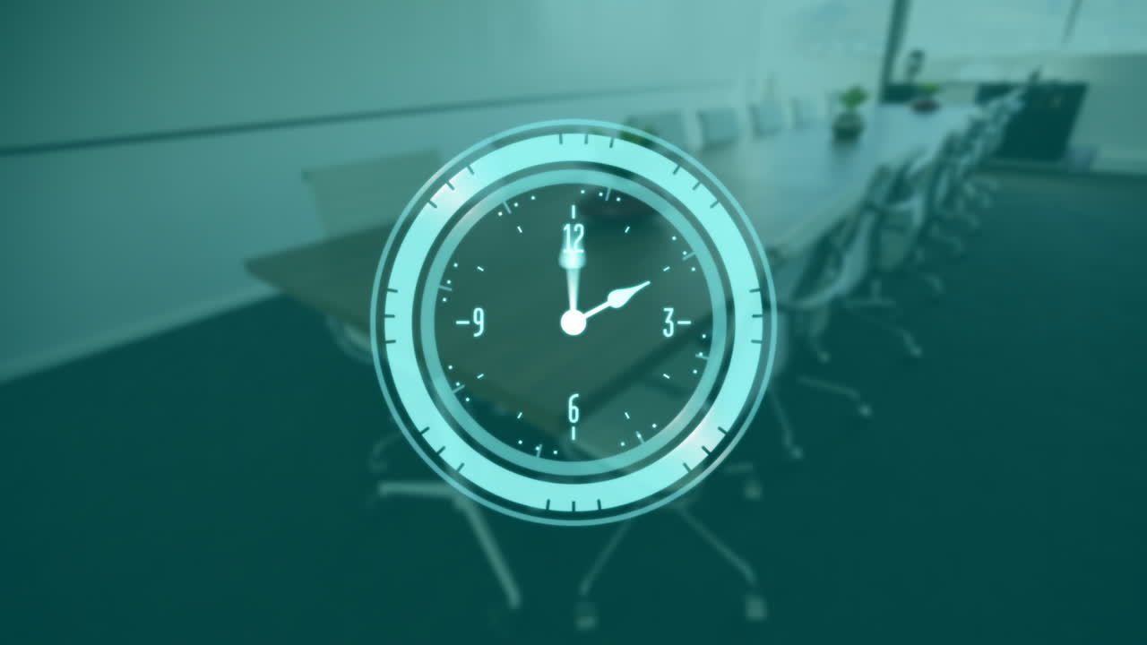 Clock animation over empty conference room with chairs and long table