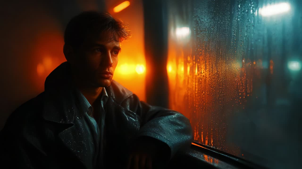 A contemplative young man gazes out of a rain-streaked window on a foggy night, illuminated by soft orange and blue hues,lost in thought as the world outside drifts by in blurred motion