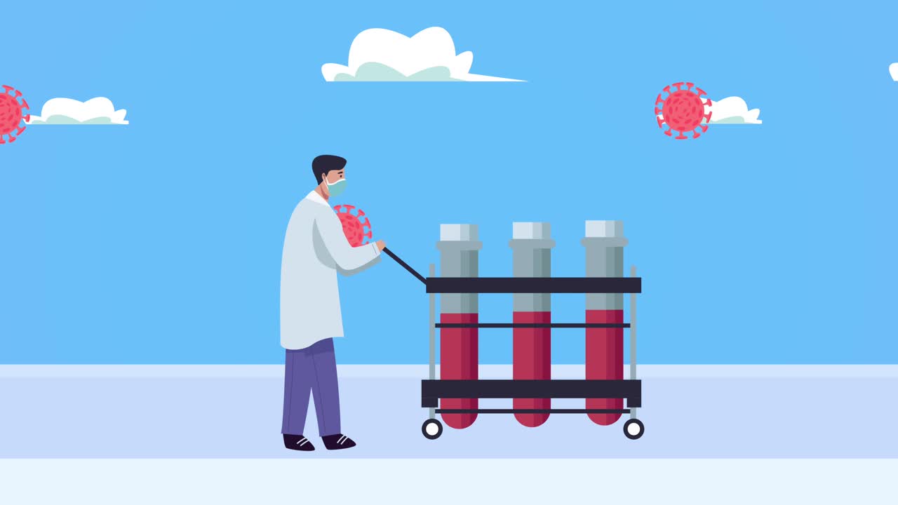 doctor professional with vials and covid19 particles