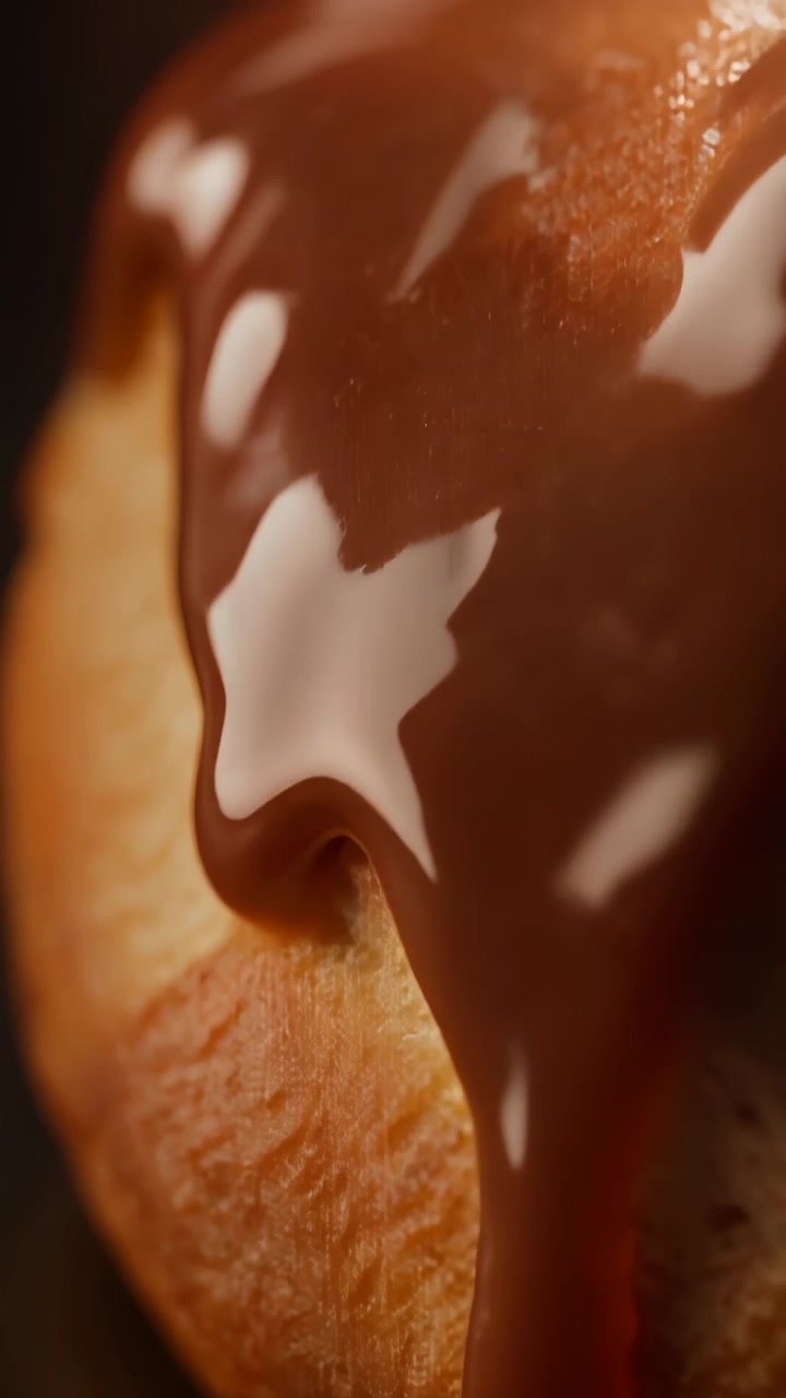 Primo piano di una glassa al caramello calda che gocciola lentamente lungo il lato di un pasticcino appena sfornato