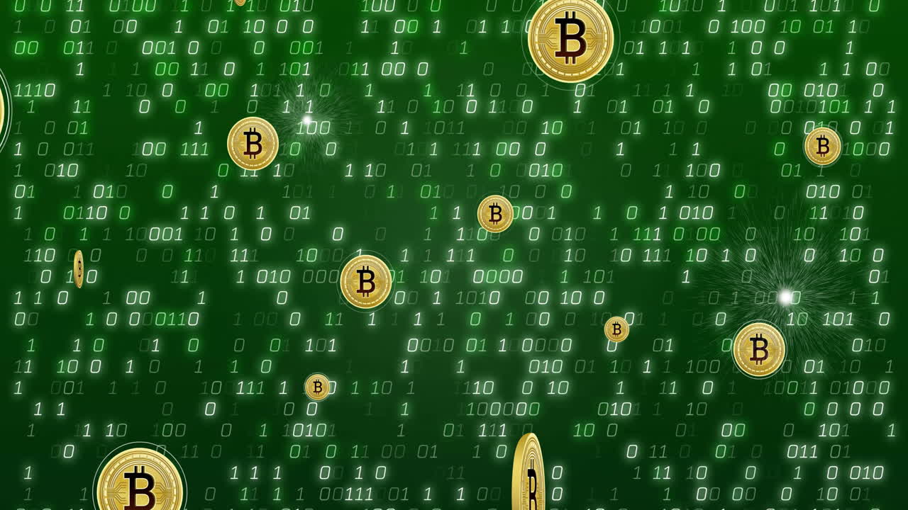 Animation of bitcoin currency icons financial data processing over binary coding