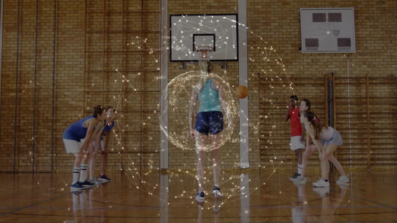 Glow orb forming around female sports shooter, urging spinning jump shot toward hoop, making basket